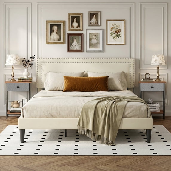 VECELO 3-Piece Bedroom Set Include Beige Queen Size Bed & 2 Brown Nightstand( 1-Drawer)