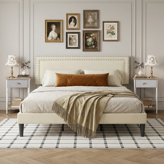 VECELO 3-Piece Bedroom Set Include Beige Queen Size Bed & 2 Oak Nightstand( 1-Drawer)
