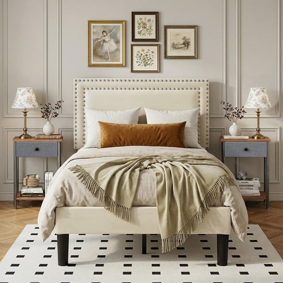 VECELO 3-Piece Bedroom Set Include Beige Twin Size Bed & 2 Brown Nightstand( 1-Drawer)