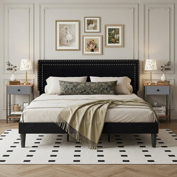 VECELO 3-Piece Bedroom Set Include Black Queen Size Bed & 2 Brown Nightstand( 1-Drawer)
