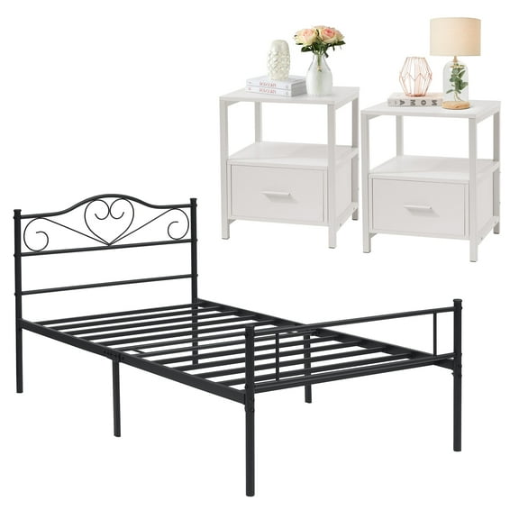 VECELO 3-Piece Bedroom Set Include Twin Metal Bed Frame and 2 White Nightstands (Set of 3)