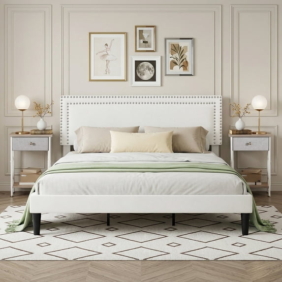VECELO 3-Piece Bedroom Set Include White Queen Size Bed & 2 Oak Nightstand( 1-Drawer)