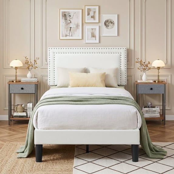 VECELO 3-Piece Bedroom Set Include White Twin Size Bed & 2 Brown Nightstand( 1-Drawer)