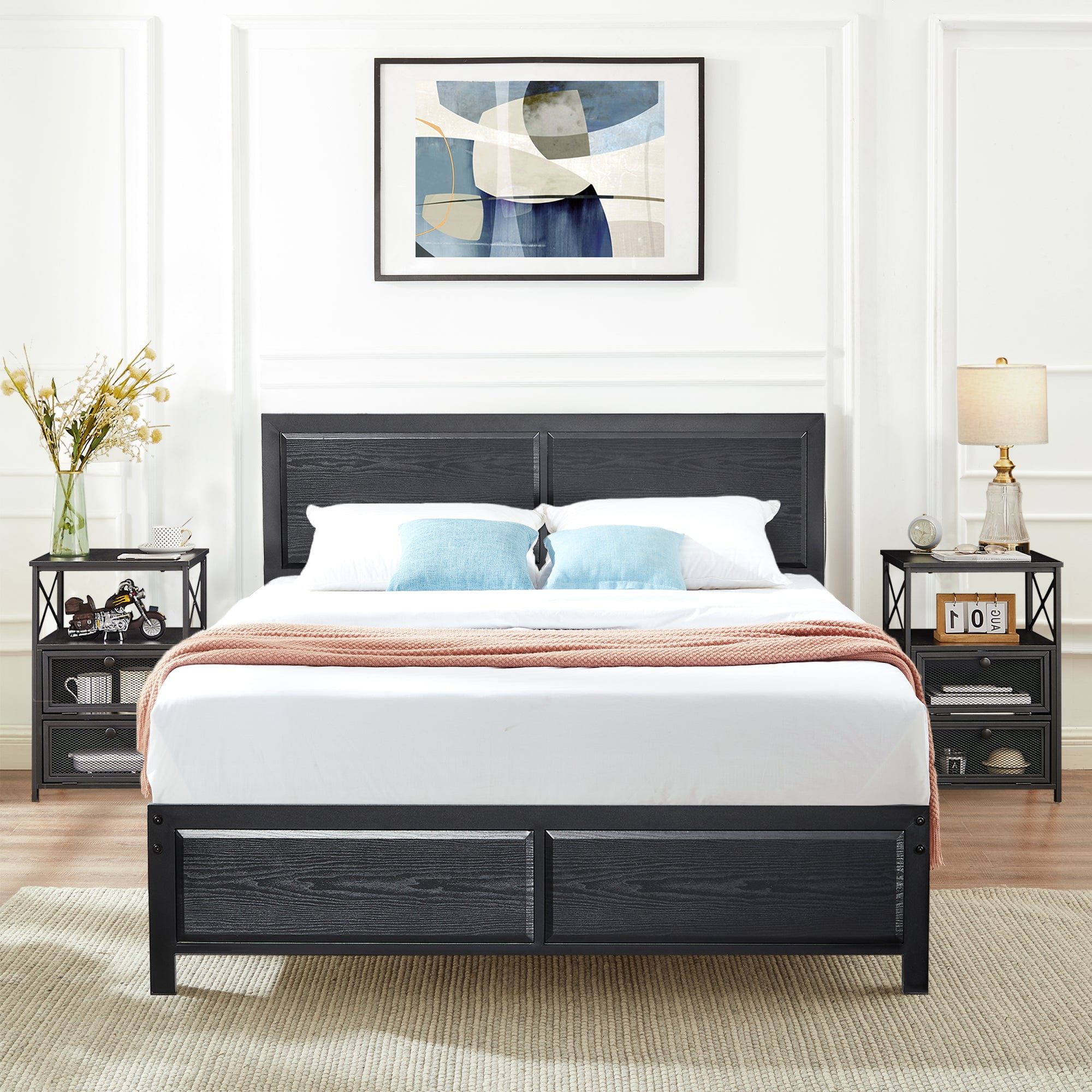 VECELO 3-Piece Bedroom Set Includes Full Platform Bed Frame and Nightstands with 2-Drawer, Black