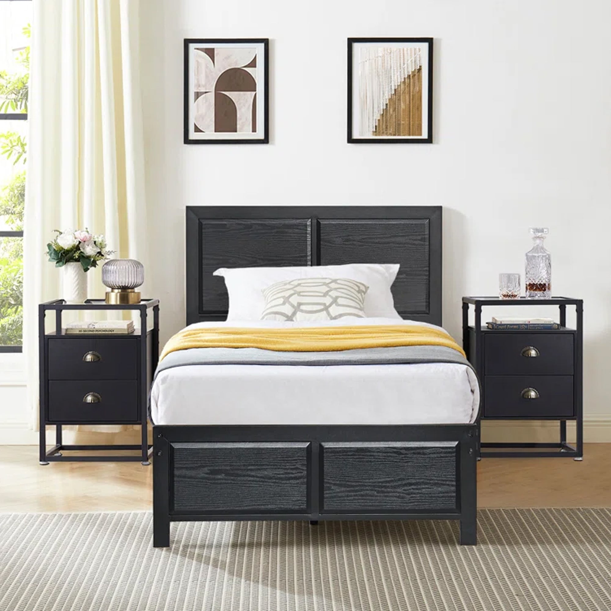 VECELO Furniture 3-Piece Bedroom Set with Storage, Twin Wood Bed Frame ...