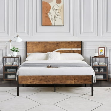 VECELO 3-Piece Bedroom Set Metal Platform Bed with Wooden Headboard and 2 Brown Nightstand, Full Size