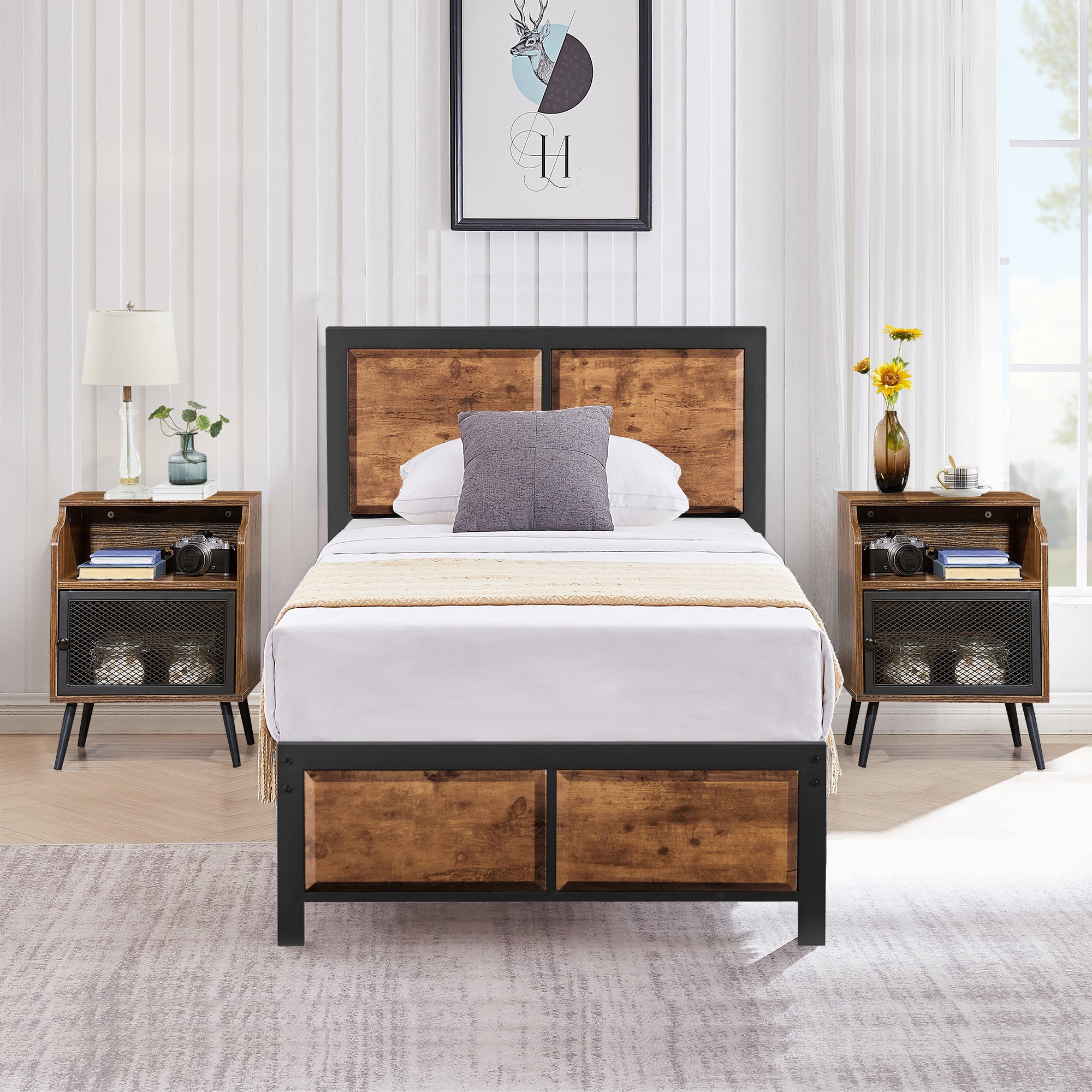 VECELO 3Piece Bedroom Set, Twin Platform Bed Frame with Wood Headboard