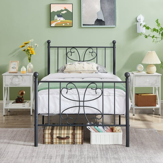 VECELO 3-Piece Bedroom Set, Twin Size Metal Platform Bed Frame and White Nightstand
