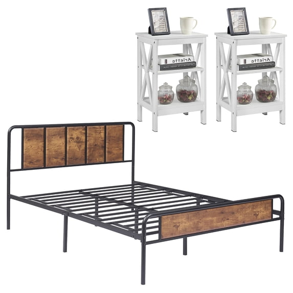 VECELO 3 Piece Bedroom Set, Wood Platform Bed Frame and 2 Nightstands, Queen Size