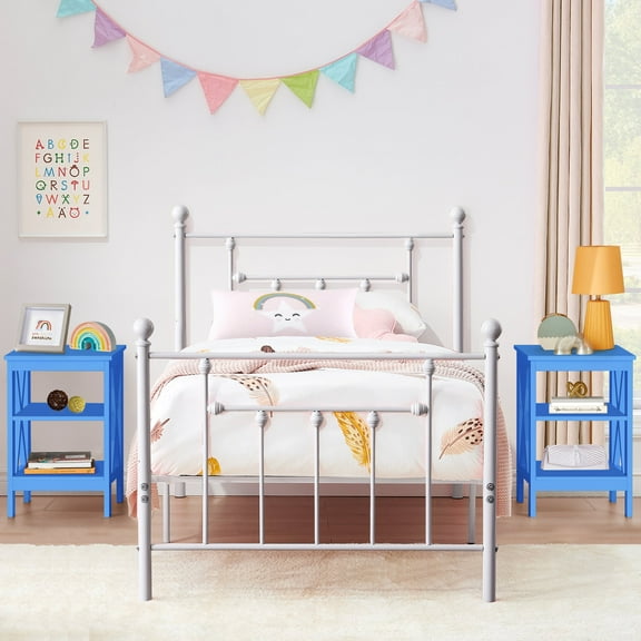 VECELO 3-Piece Bedroom Set with 1 Metal Bed Frame and 2 Blue Nightstand, Twin Size