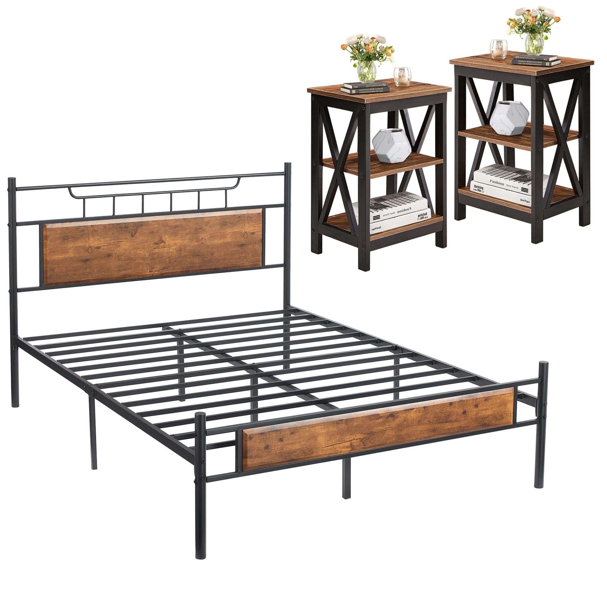 VECELO 3-Piece Bedroom Set with Full Platform Bed Frame and Nightstands ...