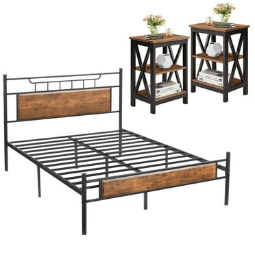 VECELO 3-Piece Bedroom Set with Full Platform Bed Frame and Nightstands, Brown