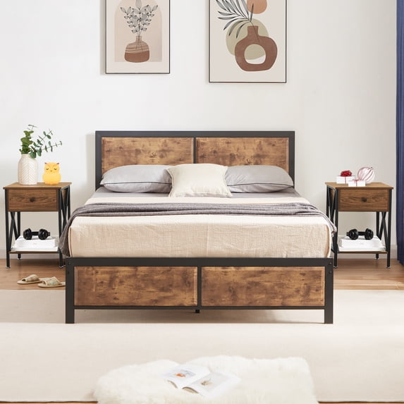 VECELO 3-Piece Bedroom Set with Full Size Bed Frame and 1-Drawer Brown Nightstands