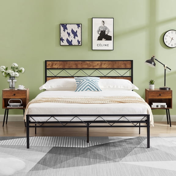 VECELO 3-Piece Bedroom Set with Full Size Metal Bed Frame and 2 Brown Nightstands