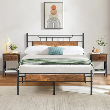 VECELO 3-Piece Bedroom Set with Full Size Platform Bed Frame and 1-Drawer Brown Nightstand