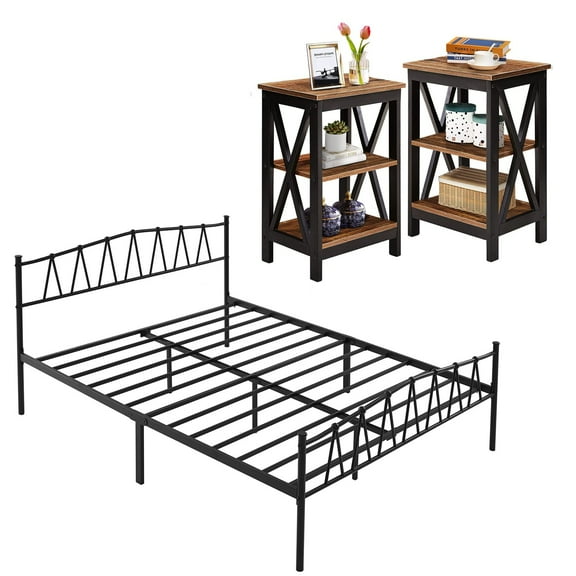 VECELO 3-Piece Bedroom Set with Metal Bed Frame and 2 Nightstand, Full Size