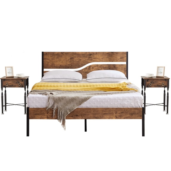 VECELO 3-Piece Bedroom Set with Metal Bed Frame and 2 Nightstand, Queen Size