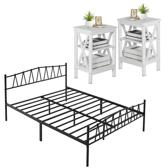 VECELO 3-Piece Bedroom Set with Metal Bed Frame and 2 Nightstand, Queen Size