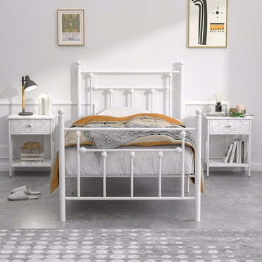 VECELO 3-Piece Bedroom Set with Metal Bed Frame and Set of 2 Nightstand, Twin Size, White