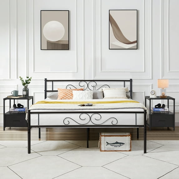 VECELO 3-Piece Bedroom Set with Queen Bed Frame and 2 Black Nightstands