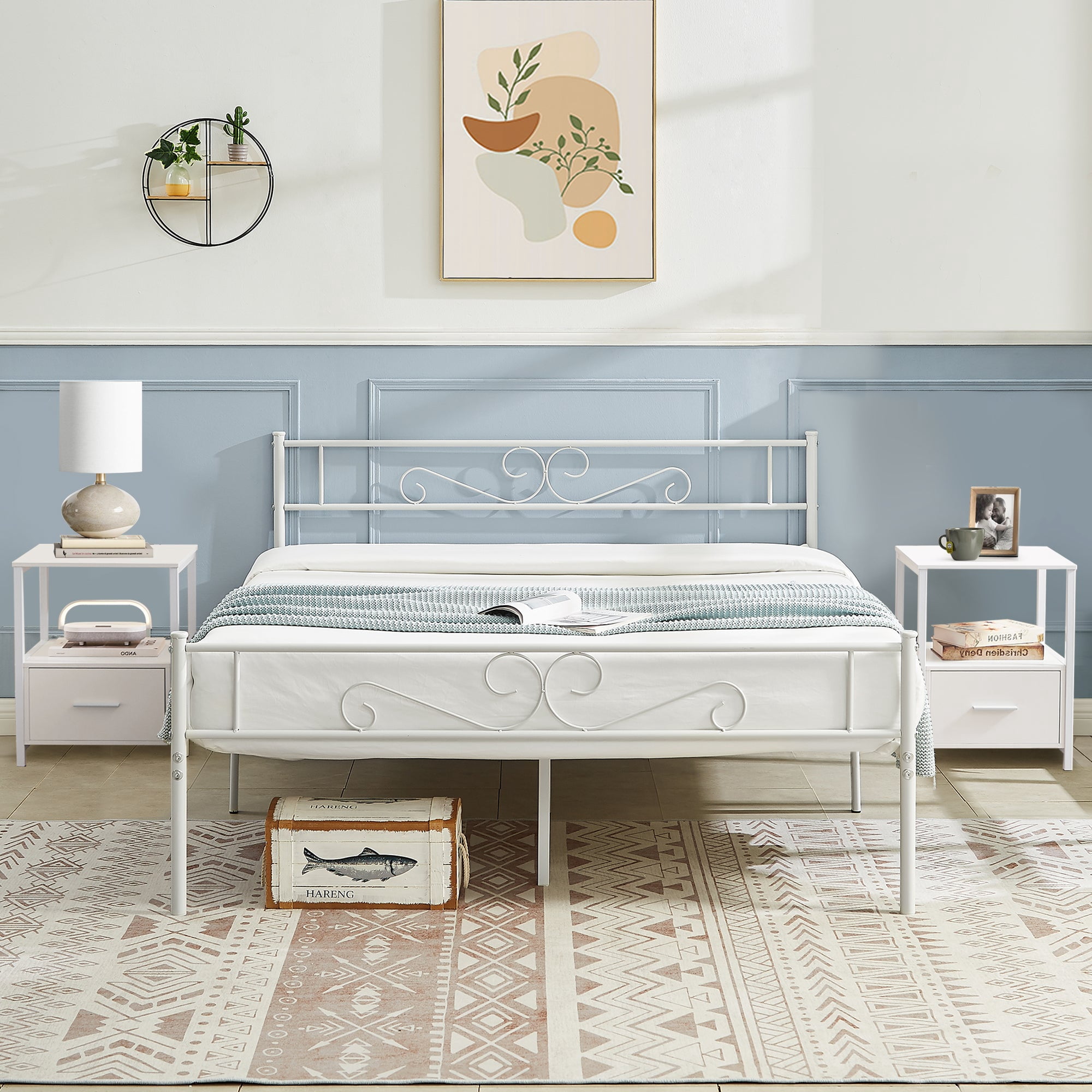 VECELO 3-Piece Bedroom Set with Queen Bed Frame and 2 Nightstands, White