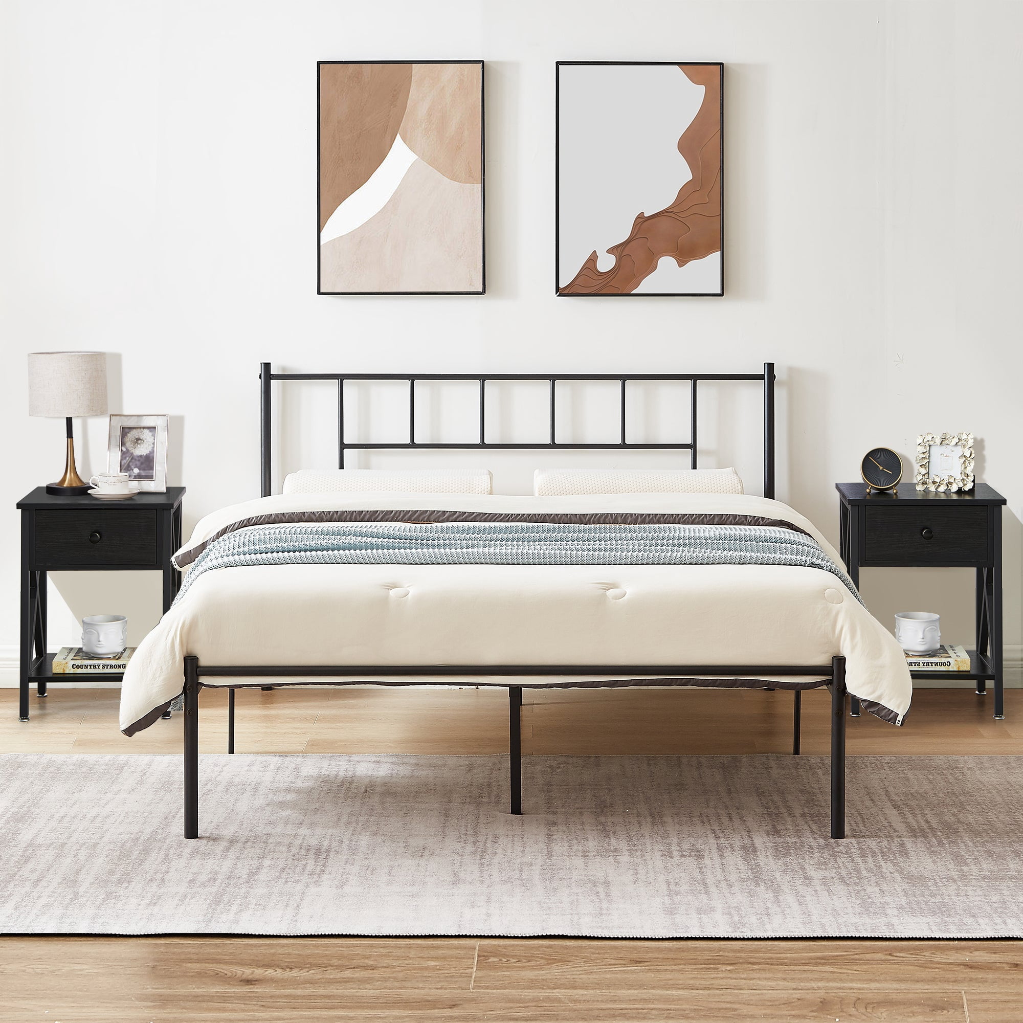 VECELO 3-Piece Bedroom Set with Queen Metal Bed Frame with Headboard and 2 Black Nightstands