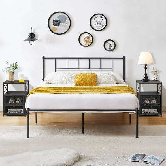 VECELO 3-Piece Bedroom Set with Queen Metal Platform Bed Frame with Headboard and Two Black Nightstands