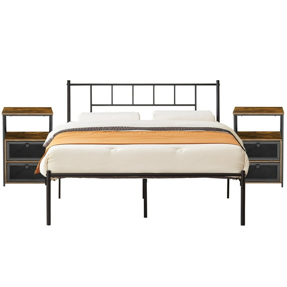 VECELO 3-Piece Bedroom Set with Queen Metal Platform Bed Frame with Headboard and Two Brown Nightstands