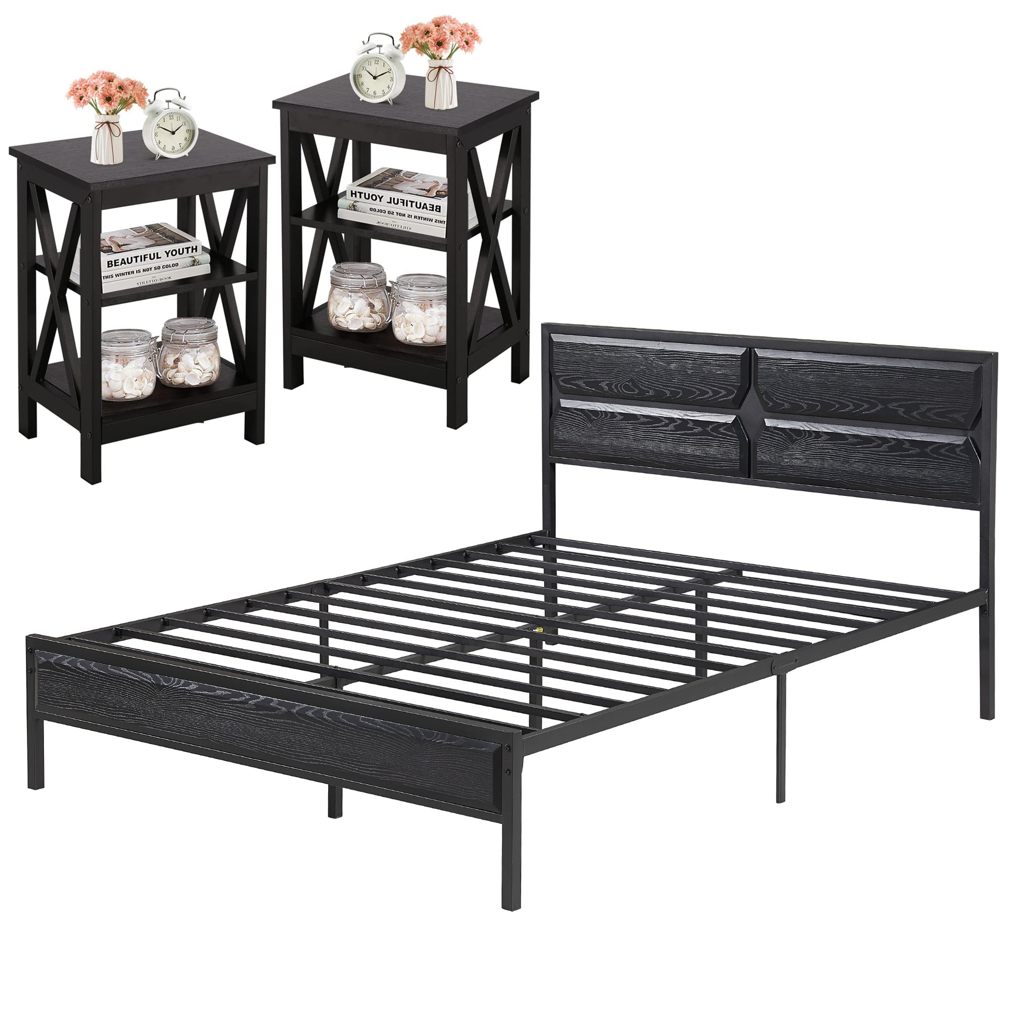 VECELO 3Piece Bedroom Set with Queen Platform Bed Frame and