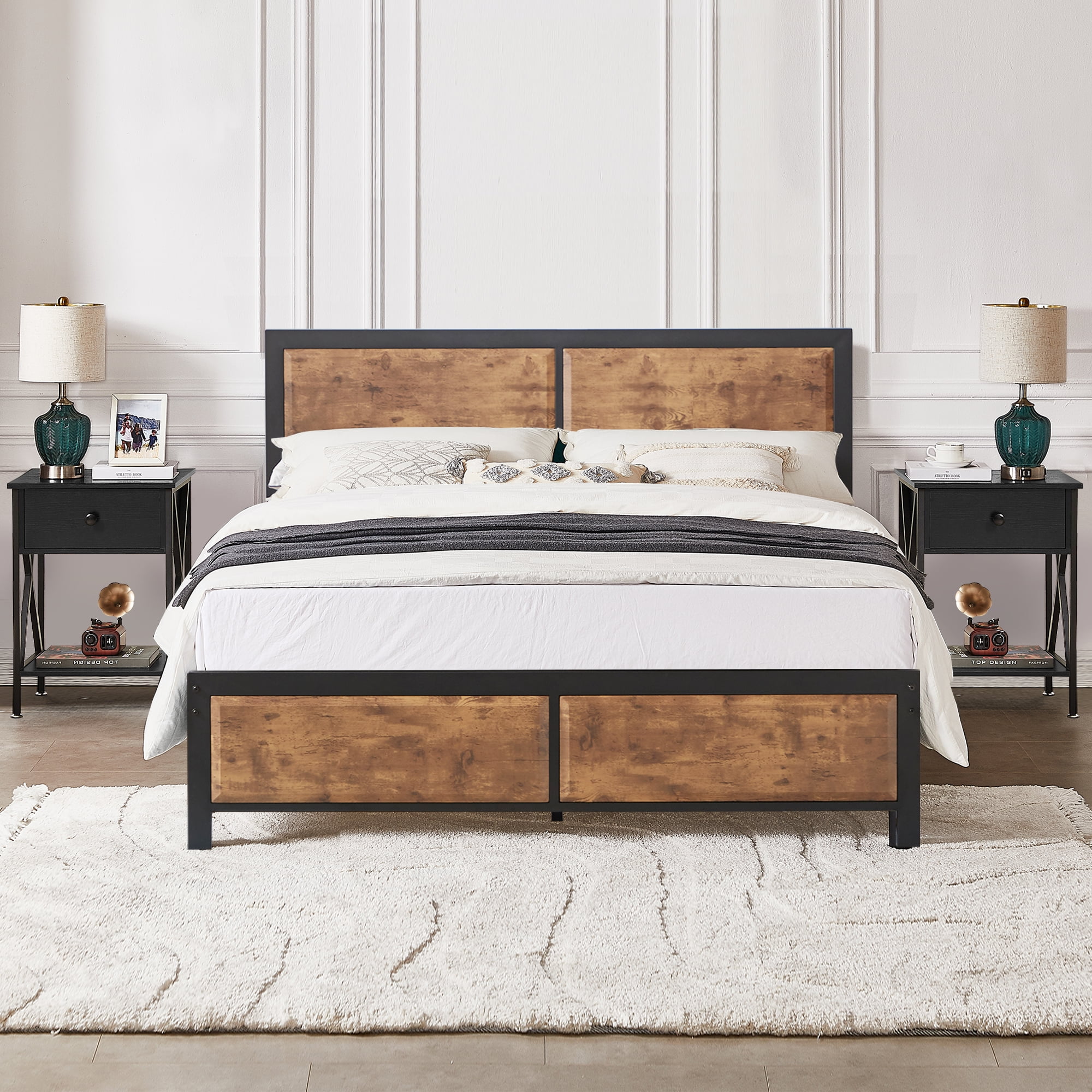 VECELO 3-Piece Queen Size Bedroom Set: Storage Bed Frame & Wood ...