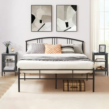 VECELO 3-Piece Bedroom Set with Queen Size Metal Bed Frame and (Set of 2) 3-tier Black Nightstand