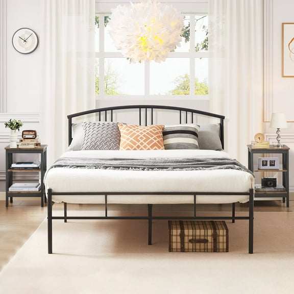 VECELO 3-Piece Bedroom Set with Queen Size Metal Bed Frame and (Set of 2) 3-tier Brown Nightstand