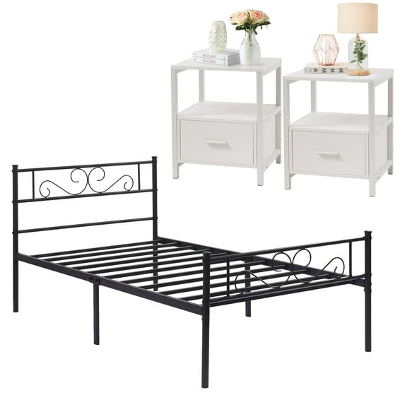 VECELO 3-Piece Bedroom Set with Twin Bed Frame and 2 White Nightstands