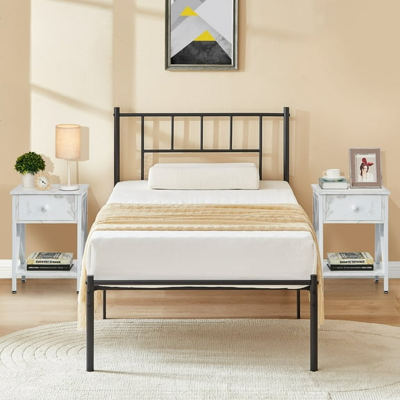 VECELO 3-Piece Bedroom Set with Twin Metal Bed Frame with Headboard and 2 White Nightstands
