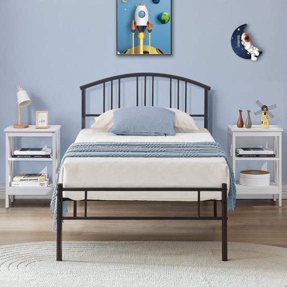 VECELO 3-Piece Bedroom Set with Twin Size Metal Bed Frame and (Set of 2) 3-tier White Nightstand