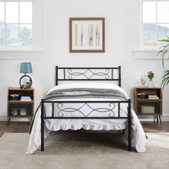 VECELO 3-Piece Bedroom Sets Metal Bed Frame and 2 Brown Nightstands