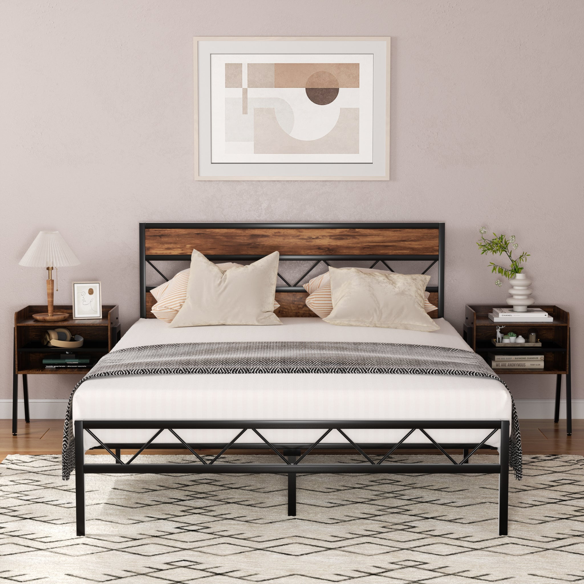 VECELO 3-Piece Bedroom Sets, Queen Size Metal Bed Frame and 2 Brown Nightstands