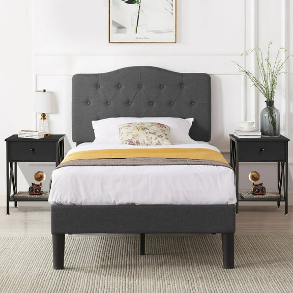 VECELO 3-Piece Bedroom Sets Upholstered Bed Frame and 2 Nightstand