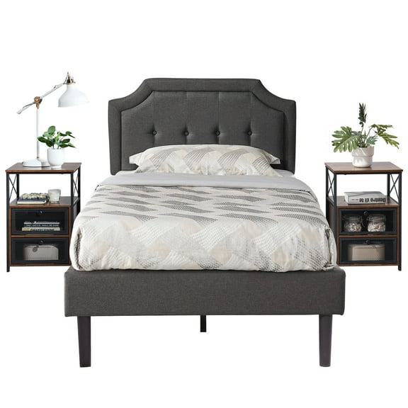 VECELO 3-Piece Bedroom Sets Upholstered Platform Bed Frame and 2 Nightstand