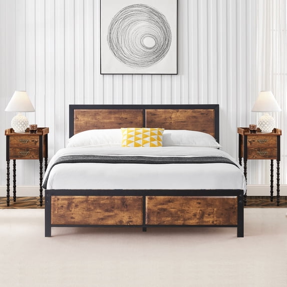 VECELO 3-Piece Bedroom Sets, Wooden Headboard Queen Metal Slat Bed Frame and 2 Nightstand, Brown