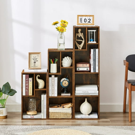 VECELO 3-Piece Bookcases Bookshelf Multi-Functional 12-Grid Bedroom Living Room Wooden Storage Rack, Brown