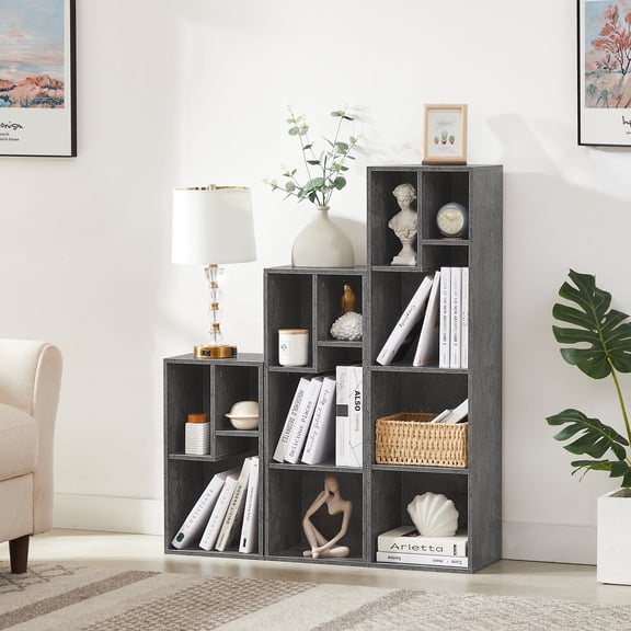 VECELO 3-Piece Bookcases Bookshelf Multi-Functional 12-Grid Bedroom Living Room Wooden Storage Rack, Gray