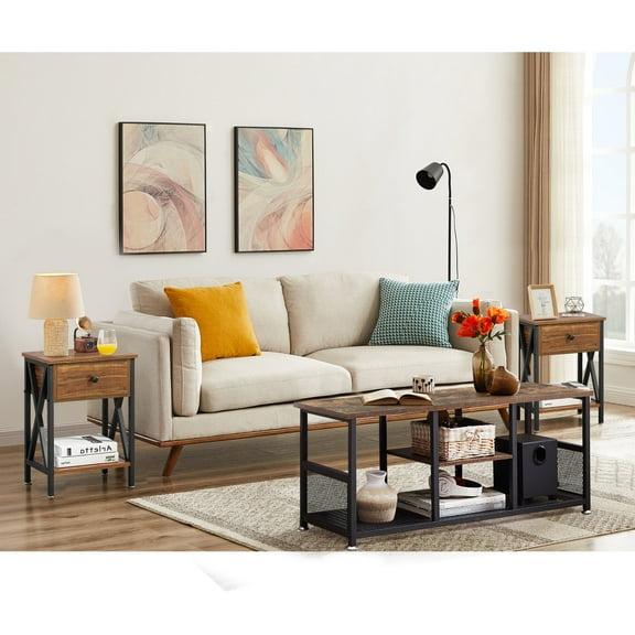 VECELO 3-Piece Coffee Table Set + 2 Side Tables, Modern Occasional Cocktail Table Set for Living Room, Brown