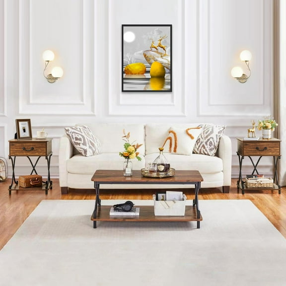 VECELO 3-Piece Coffee Table Set, Industrial Rectangle Coffee Table with 2 End Side Tables, Modern Living Room Table Set, Brown
