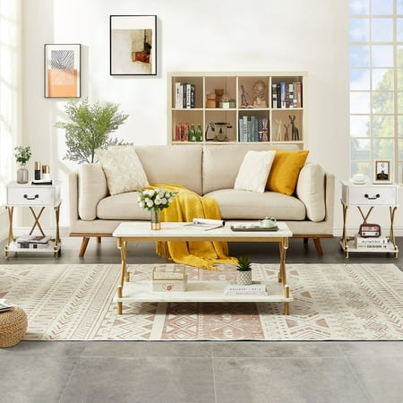 VECELO 3-Piece Coffee Table Set, Industrial Rectangle Coffee Table with 2 End Side Tables, Modern Living Room Table Set, White