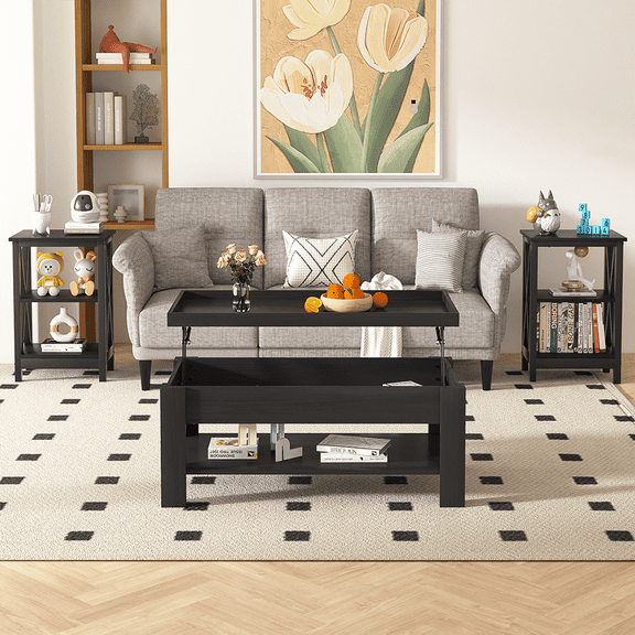 VECELO 3-Piece Coffee Table Set for Living Room, Lift Top Coffee Table and End Table Furniture Set with Hidden Compartment and Open Storage Shelf, Brown