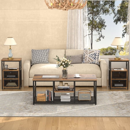 VECELO 3-Piece Coffee Table Set, Metal Frame Sofa Side Tables for Living Room Accent Furniture, Brown