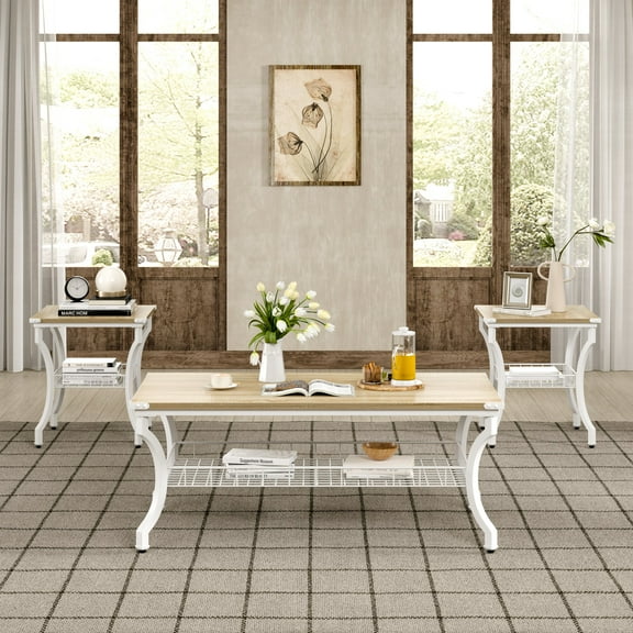 VECELO 3-Piece Coffee Table Set, Modern Living Room Sets with Coffee Table + 2 End Side Tables, Oak White