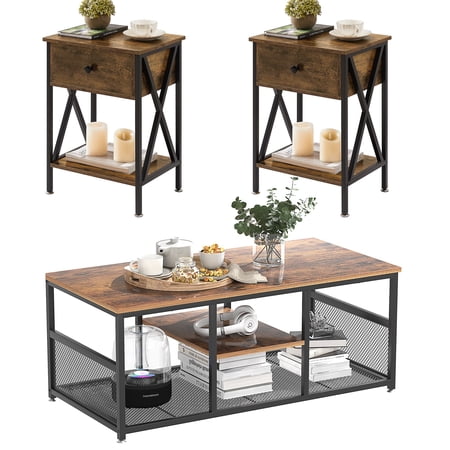 VECELO 3-Piece Coffee Table Set for Living Room, Industrial Wood Coffee Table and 2 End Tables, Gray