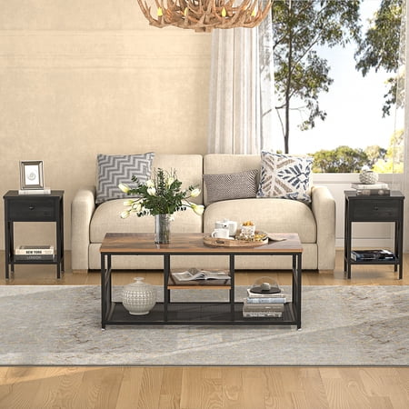 VECELO 3-Piece Coffee Table Set for Living Room, Rustic Rectangular Coffee Table and Set of 2 Black End Tables